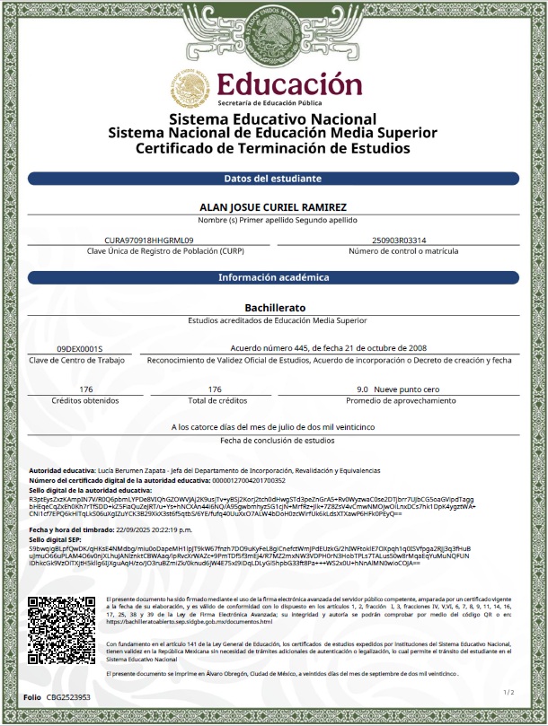 Certificado Oficial de Terminación de Estudios SEP